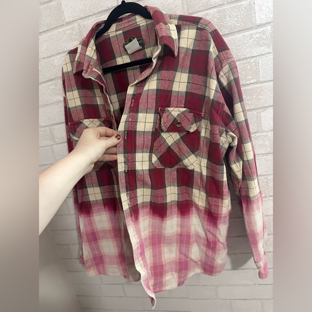 Red White & Pink Plaid Flannel Shirt Bleach Dyed Effect  Pockets Boho Sz L 1961 - Picture 2 of 5